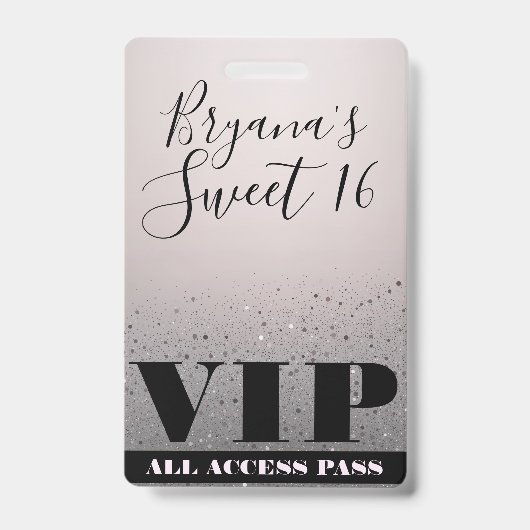 Pink Silver Sparkle Glitzer Glam Sweet 16 VIP Pass Ausweis (Front)