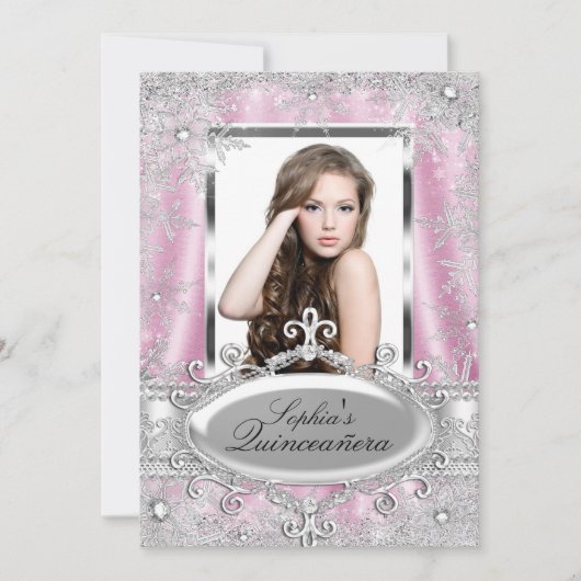 Pink Silver Sparkle Jewel Snowflake Quinceanera Einladung (Vorderseite)