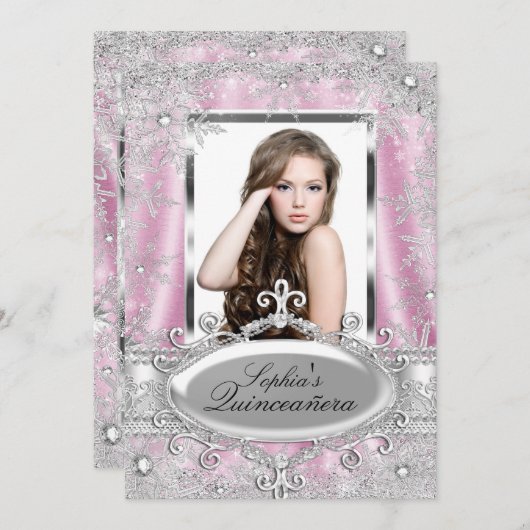 Pink Silver Sparkle Jewel Snowflake Quinceanera Einladung (Vorne/Hinten)