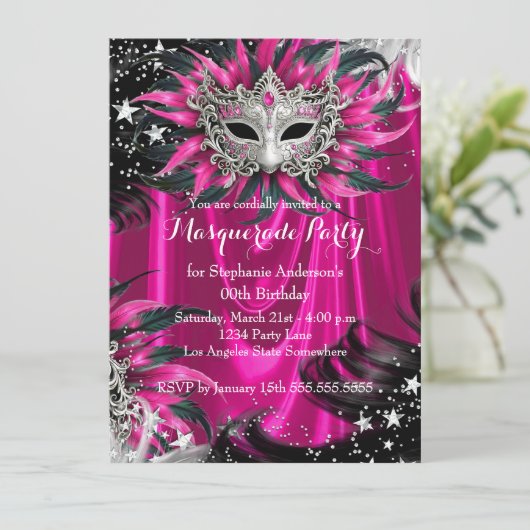 Pink Silver Sparkle Magical Night Masquerade Party Einladung (Stehend Vorderseite)