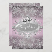 Pink Silver Sparkle Snowflake Baby Dusche laden Einladung (Vorne/Hinten)