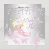 Pink Silver Sprinkle Butterfly Babydusche Blonde Einladung (Vorne/Hinten)