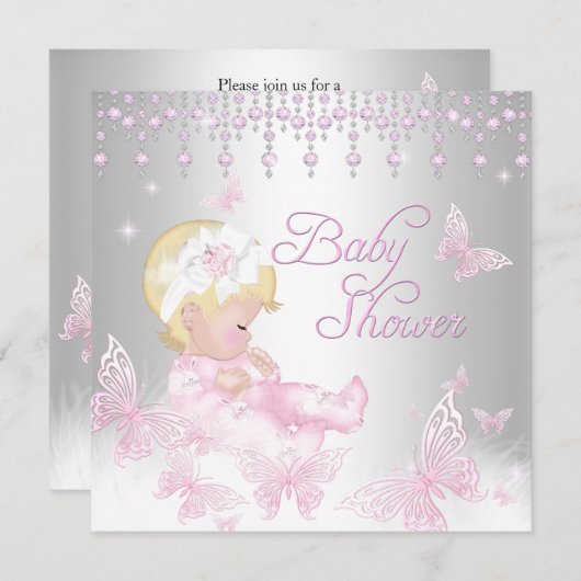Pink Silver Sprinkle Butterfly Babydusche Blonde Einladung (Vorne/Hinten)