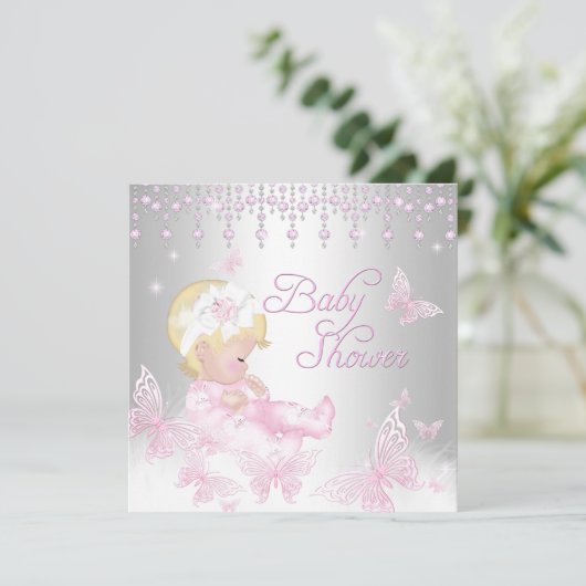 Pink Silver Sprinkle Butterfly Babydusche Blonde Einladung (Stehend Vorderseite)