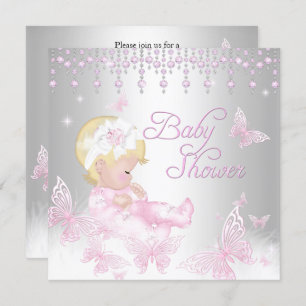 Pink Silver Sprinkle Butterfly Babydusche Blonde Einladung