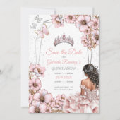 Pink Silver Tiara Butterfly Quinceañera Save The Date (Vorderseite)