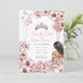 Pink Silver Tiara Butterfly Quinceañera Save The Date (Stehend Vorderseite)
