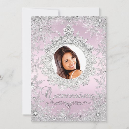 Pink Silver Tiara Snowflake Sparkasse Quinceanera Einladung (Vorderseite)