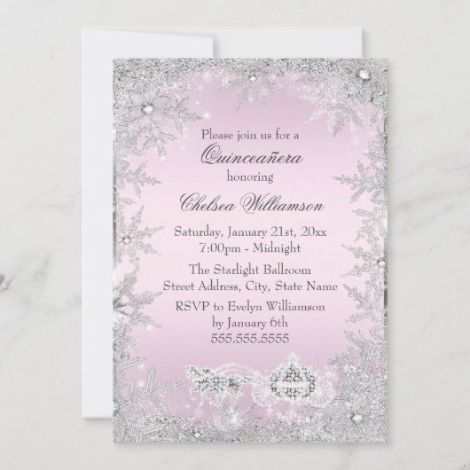 Pink Silver Tiara Snowflake Sparkasse Quinceanera Einladung (Rückseite)