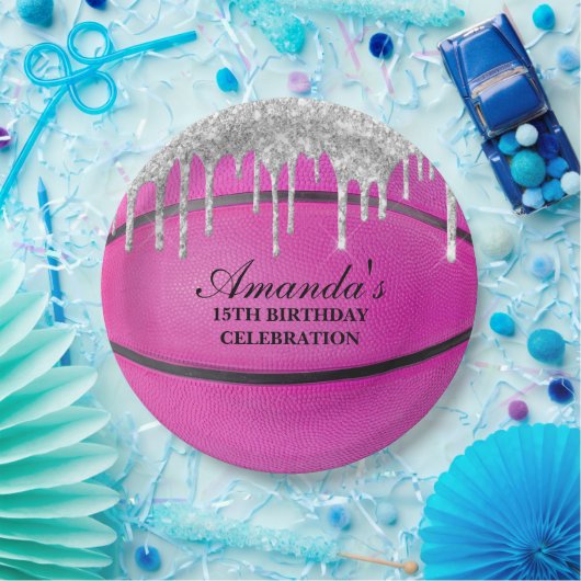 Pink Silver Tropfen Basketball Pappteller (Party)