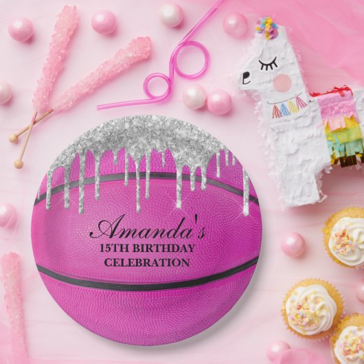 Pink Silver Tropfen Basketball Pappteller (Party)