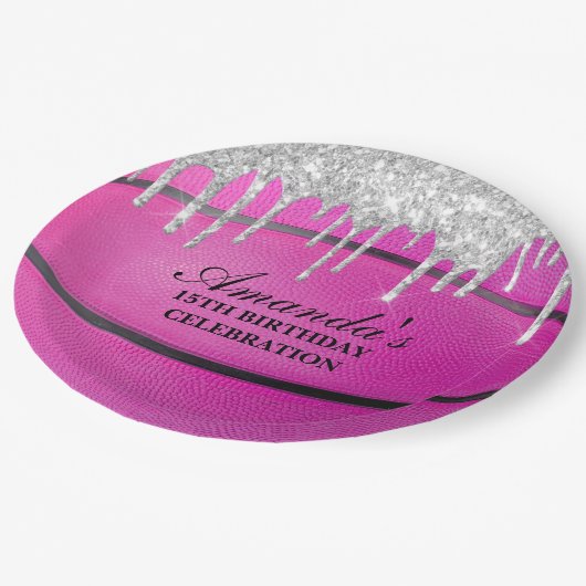 Pink Silver Tropfen Basketball Pappteller (Schrägansicht)