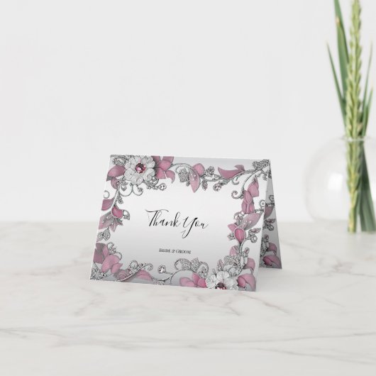 Pink Silver White Floral Danke Karte (Vorderseite)