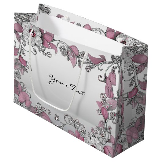 Pink Silver White Floral Geschenktasche Große Geschenktüte (Vorderseite Schrägansicht)