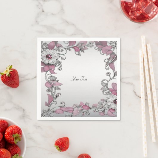 Pink Silver White Floral Napkins Serviette (Beispiel)