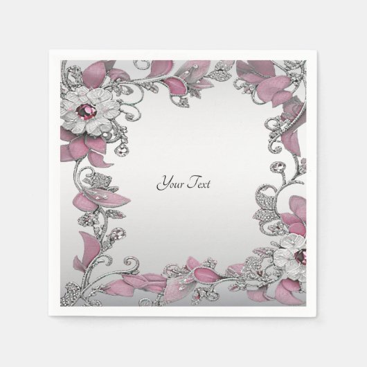 Pink Silver White Floral Napkins Serviette (Vorderseite)