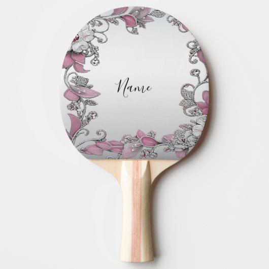 Pink Silver White Floral Ping Pong Paddel Tischtennis Schläger (Vorderseite)