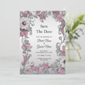 Pink Silver White Floral Save the Date (Stehend Vorderseite)