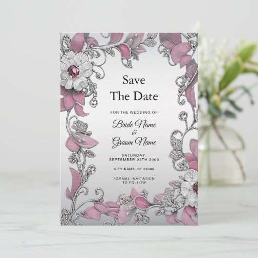 Pink Silver White Floral Save the Date (Stehend Vorderseite)