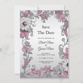 Pink Silver White Floral Save the Date