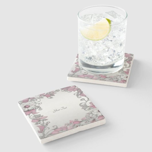 Pink Silver White Floral Stone Untersetzer (Seitenansicht)