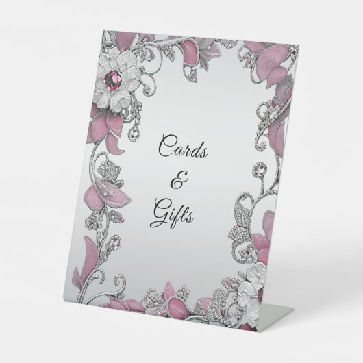 Pink Silver White Floral Tabletop Sockelschild (Vorderseite)