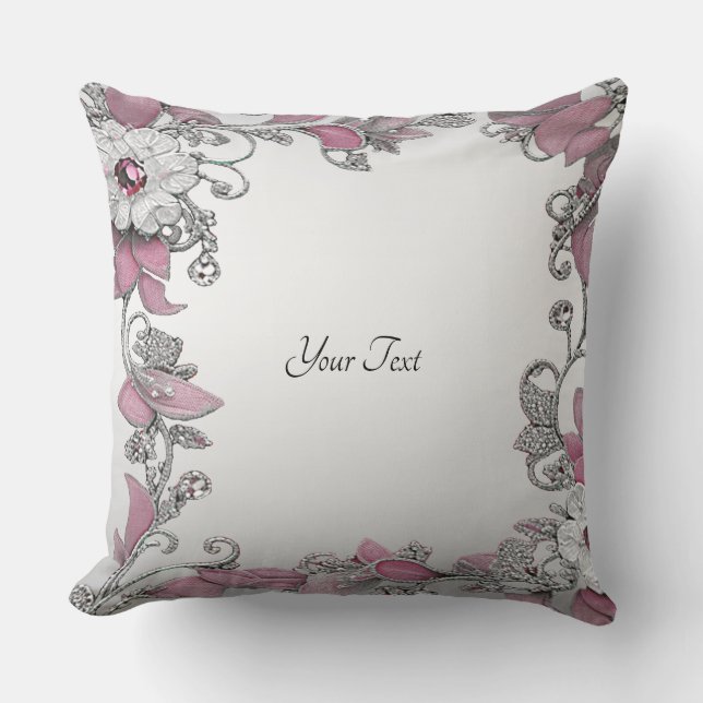 Pink Silver White Floral Throw Kissen (Vorderseite)