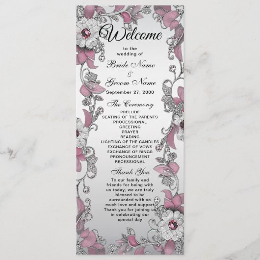 Pink Silver White Floral Wedding Programm (Vorderseite)