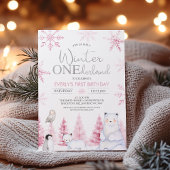 Pink Silver Winter Animals Onederland Birthday Einladung