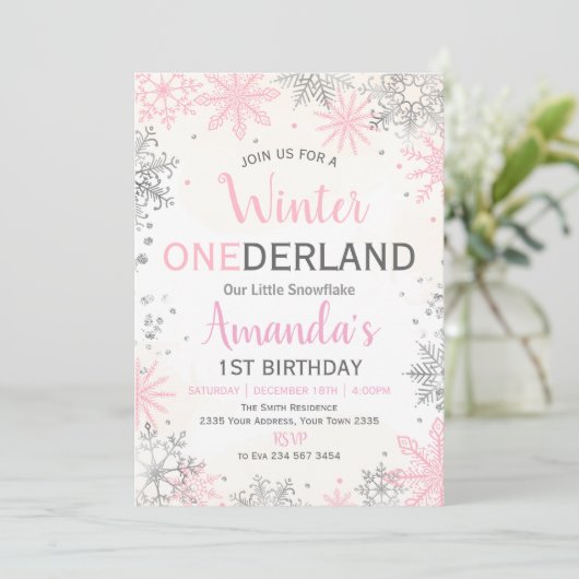 Pink Silver Winter ONEderland Birthday Invitation Einladung (Stehend Vorderseite)