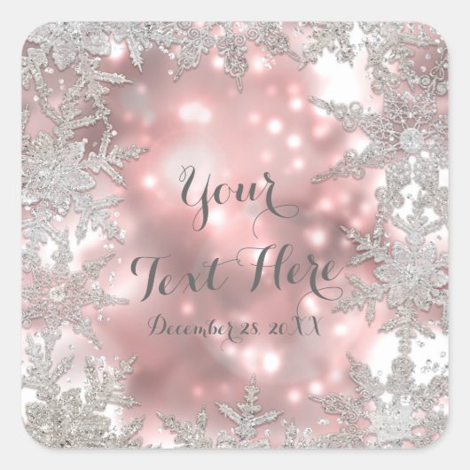 Pink Silver Winter Wonderland Snowflake Gefallen Quadratischer Aufkleber (Vorderseite)