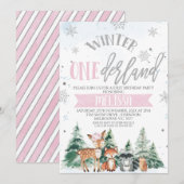 Pink Silver Woodland Onederland First Birthday Inv Einladung (Vorne/Hinten)