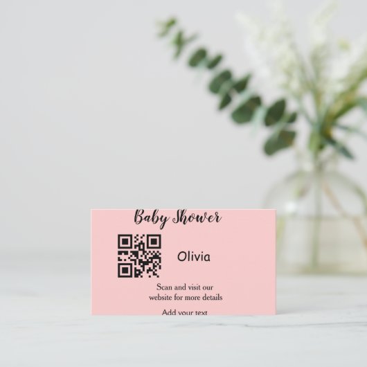 Pink simple baby shower q r code add name text thr visitenkarte (Stehend Vorderseite)