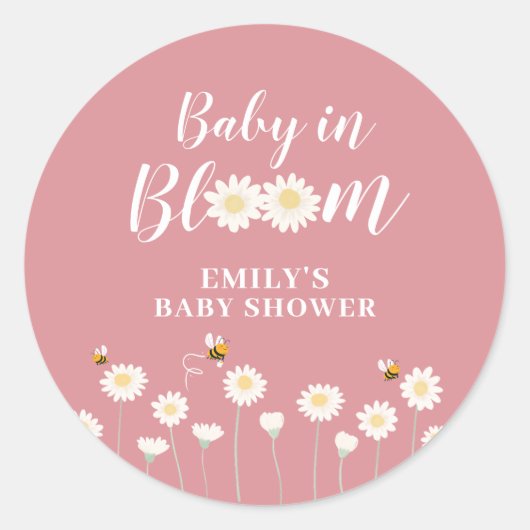 Pink Simple Boho Daisy Floral Baby in Blütendusche Runder Aufkleber (Vorderseite)