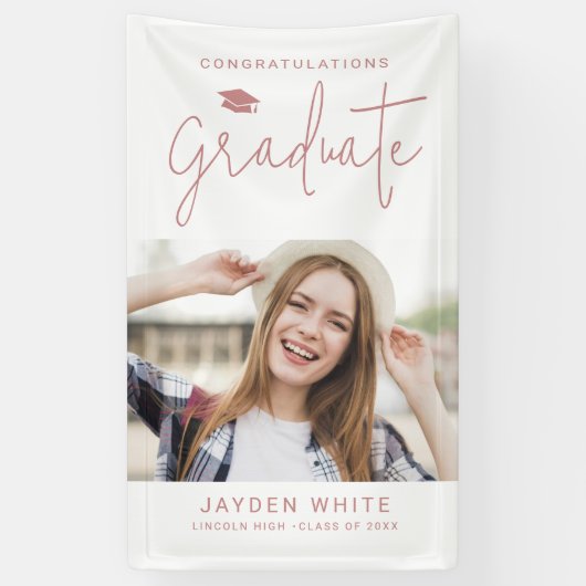 Pink Simple Modern Script Foto Graduation Party Banner (Vertikal)