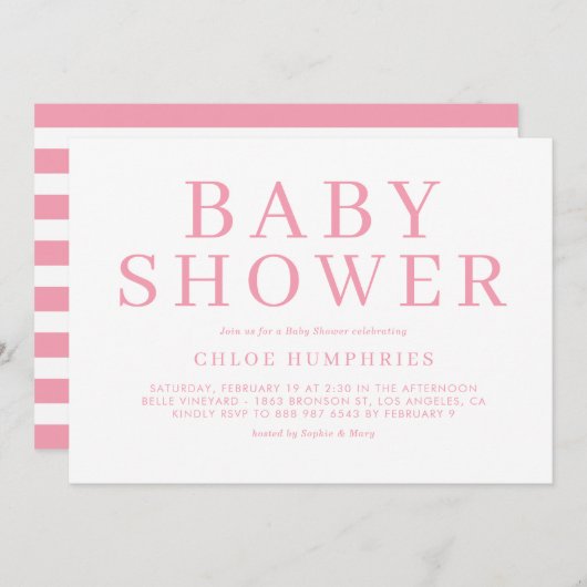 Pink Simple Typografy Stripes Girl Babydusche Einladung (Vorne/Hinten)