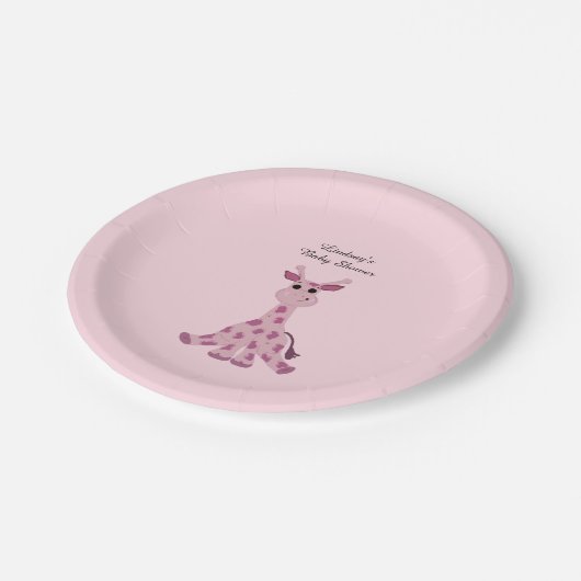 Pink Sitting Giraffe Babydusche Pappteller (Schrägansicht)