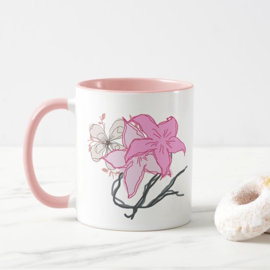Pink Sketched Blume Bouquet Tasse (Mit Donut)