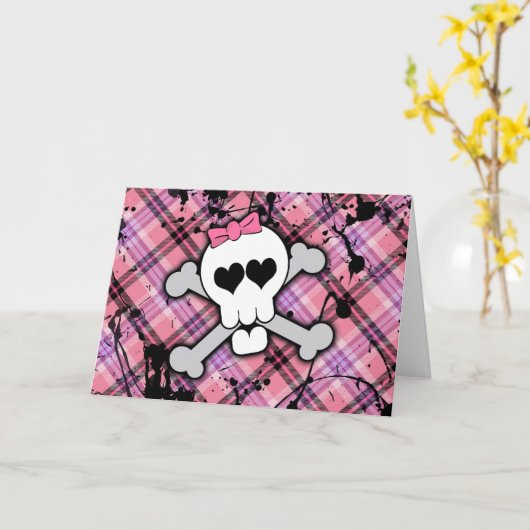 Pink Skull and Crossbones with Hearts and Bow Karte (Gelbe Blume)