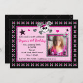 Pink Skull & Crossbones Herz Foto Einladung (Vorne/Hinten)