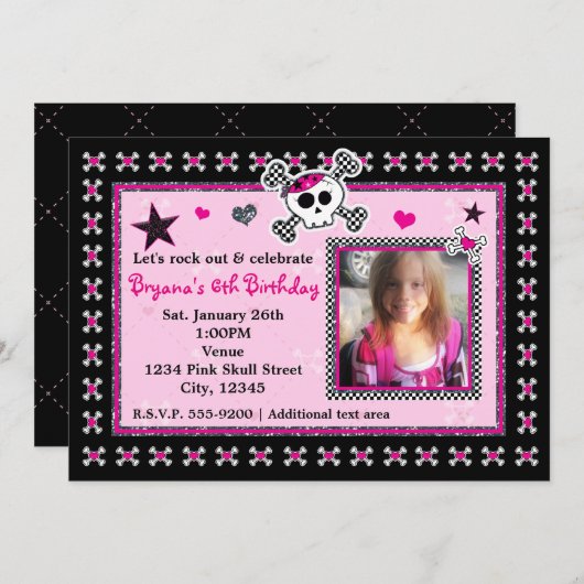 Pink Skull & Crossbones Herz Foto Einladung (Vorne/Hinten)