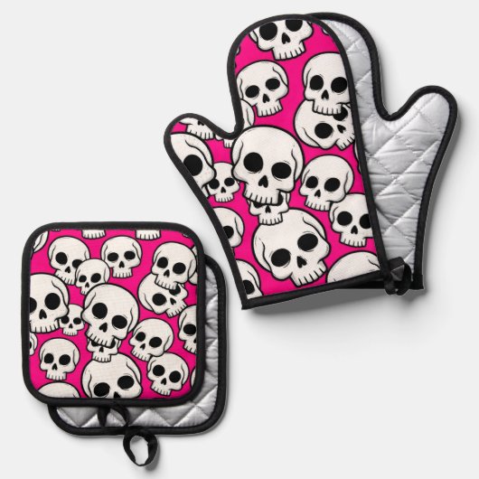 Pink Skull Pattern Ofenhandschuh & Topflappen-Set (Vorderseite/Rückseite)