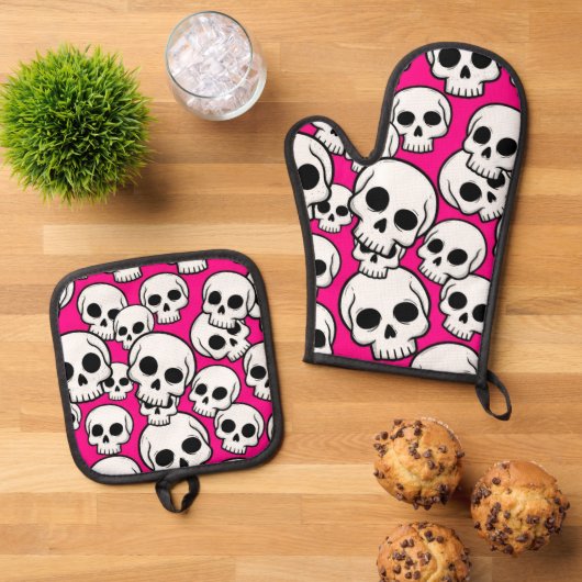 Pink Skull Pattern Ofenhandschuh & Topflappen-Set (Oben Unten)