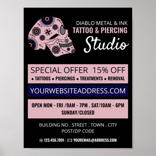 Pink Skull Tattoo, Tattoo & Body Piercing Studio Poster (Vorne)