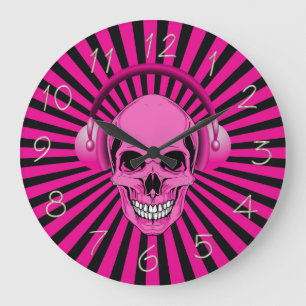 Pink Skull with Headphones Clock Große Wanduhr