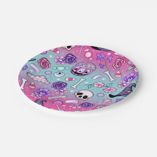 Pink Skulls & Candy Floral Halloween Teller (Schrägansicht)