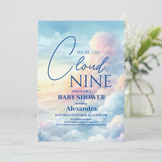 Pink Sky Cloud Nine Watercolor Babydusche Einladung (Stehend Vorderseite)