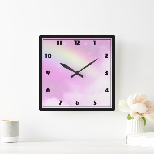 Pink Sky mit Lemon Gelber Regenbogen Quadratische Wanduhr (Zuhause)