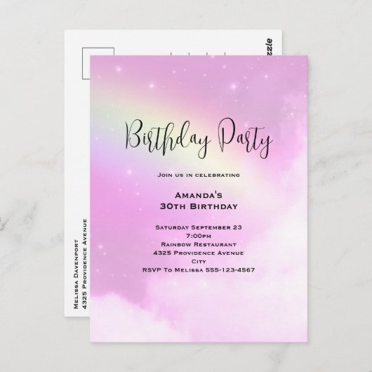 Pink Sky mit Lemon Yellow Rainbow Birthday Einladu Postkarte (Vorne/Hinten)
