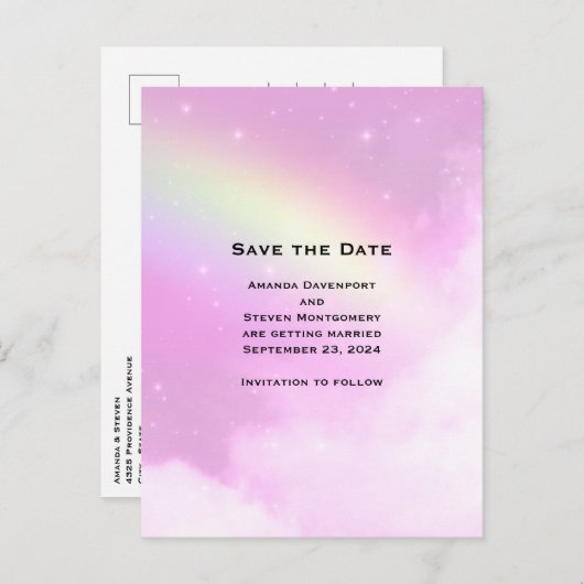 Pink Sky mit Lemon Yellow Rainbow Save the Date Einladungspostkarte (Vorne/Hinten)